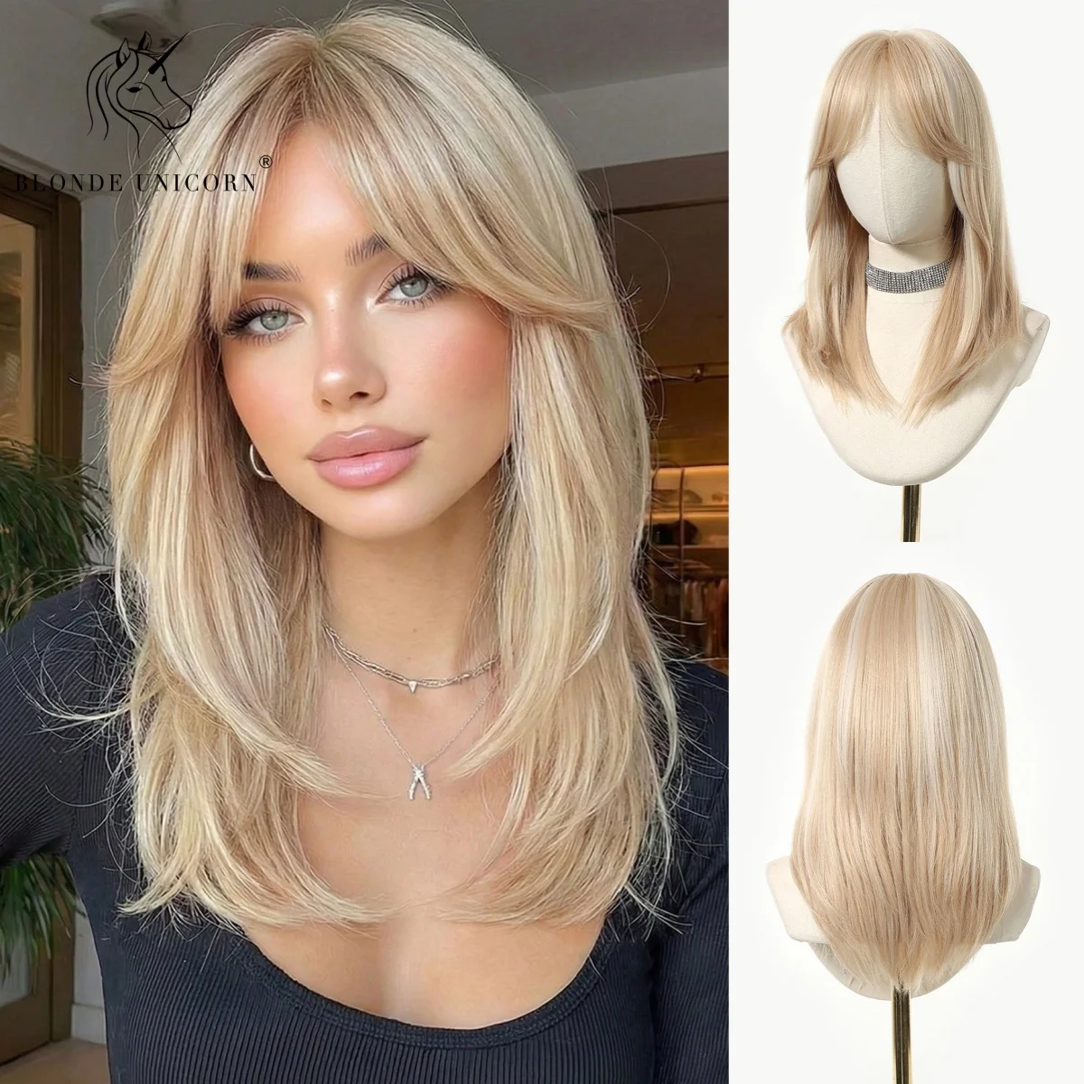 18 Inch White Gold Long Straight Synthetic Wig with Bangs Heat Resistant Fiber Natural Looking Soft Hair for Women Daily Party