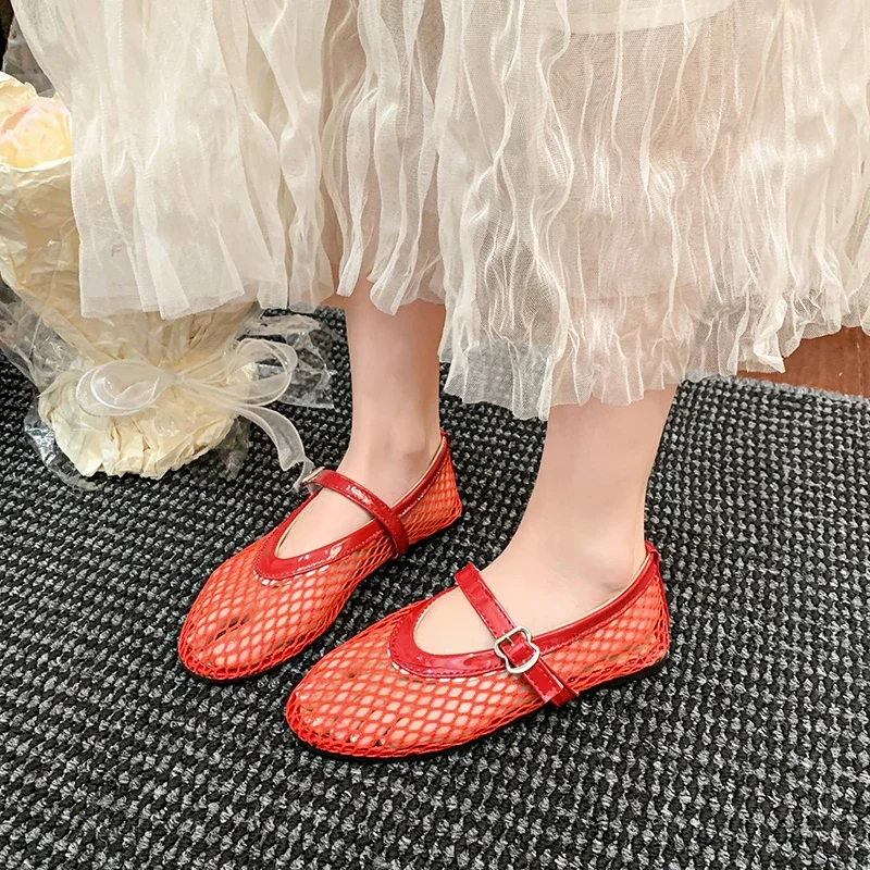 Mesh-Ballettschuhe für Damen, Frühling und Sommer, neue runde Zehen, flacher Mund, Ausschnitt, Mesh, atmungsaktiv, flache Sandalen