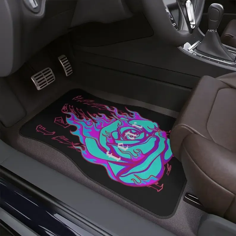 Vaporwave car floor mat, fear, flames, harajuku, cute car accessories for teens, japanese, colorful, women, futuristic, purple,