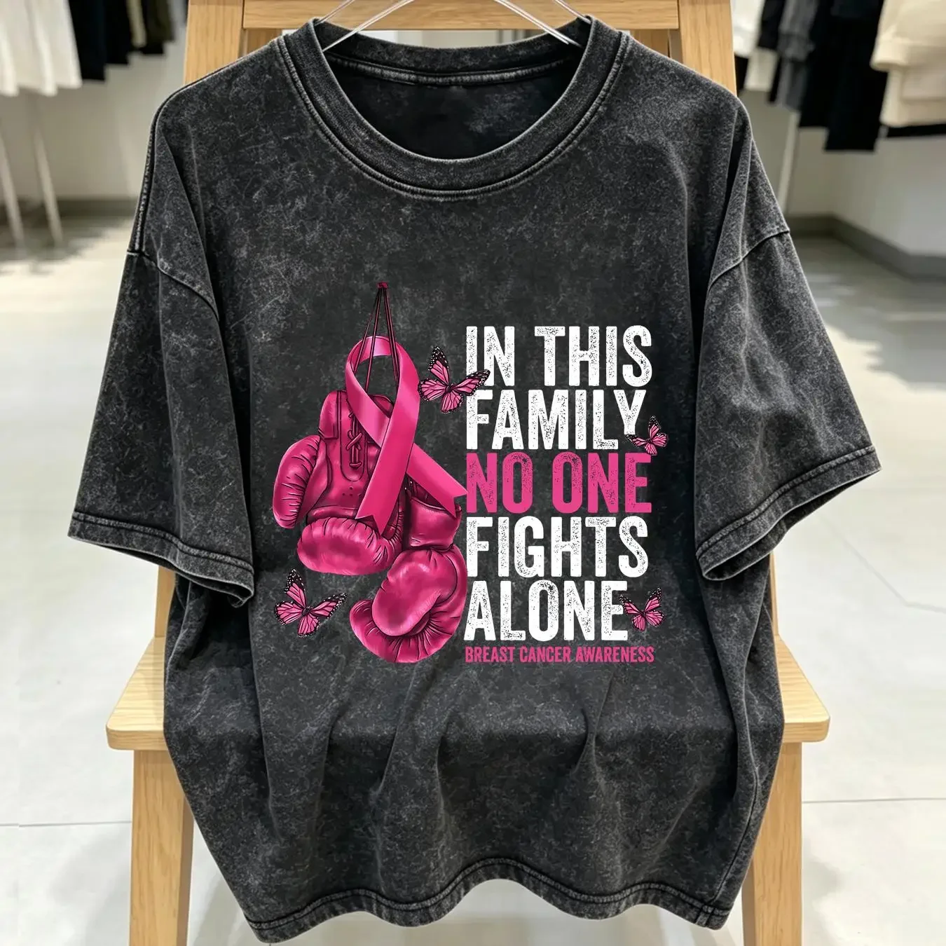 washed T Shirt In This Family No One Fight Alone Breast Cancer Awareness Size S 5XL vintage Washed Stretched Soft Versatile