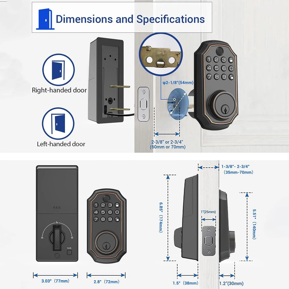Tuya App Tamper Proof Fingerprint Smart  Deadbolt Door Lock Electric Keyless Entry Lock for Front Door Physical Key Phone Unlock