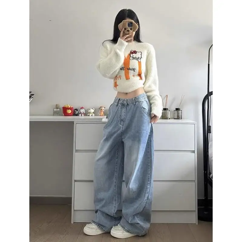 

Джинсы Sanrio Hello Kitty, джинсы большого размера, милые прямые джинсы-трубы с вышивкой, женские брюки для стирки, широкие брюки для мытья полов