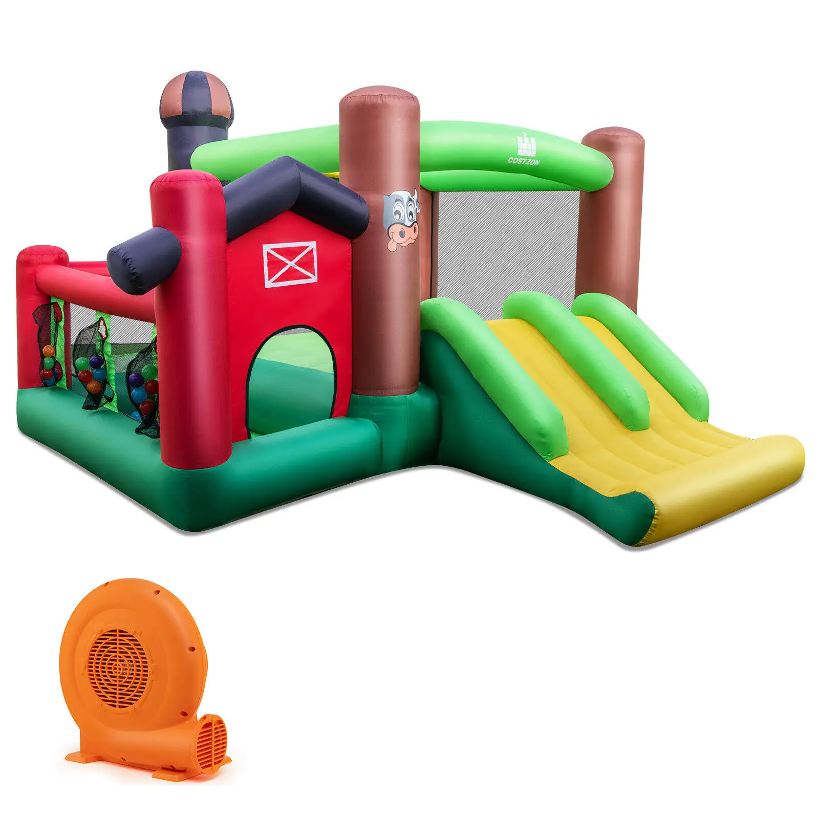 Babyjoy Farm Themed Inflatable Castle Kids Bounce House w/ Double Slides & 750W Blower