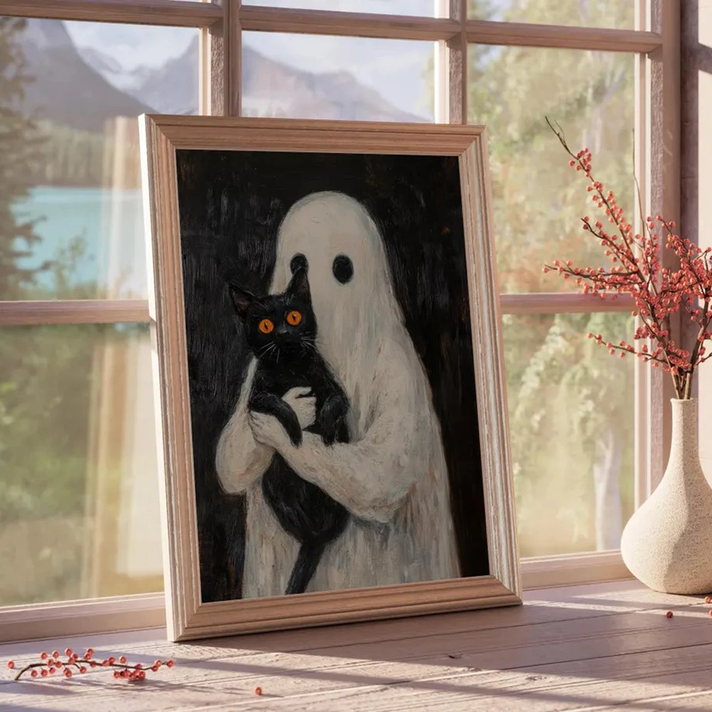 Cute Ghost Hugs Black Cat Print Ghost and Black Cat Halloween Art Canvas Painting Vintage Wall Art Poster Home Decor
