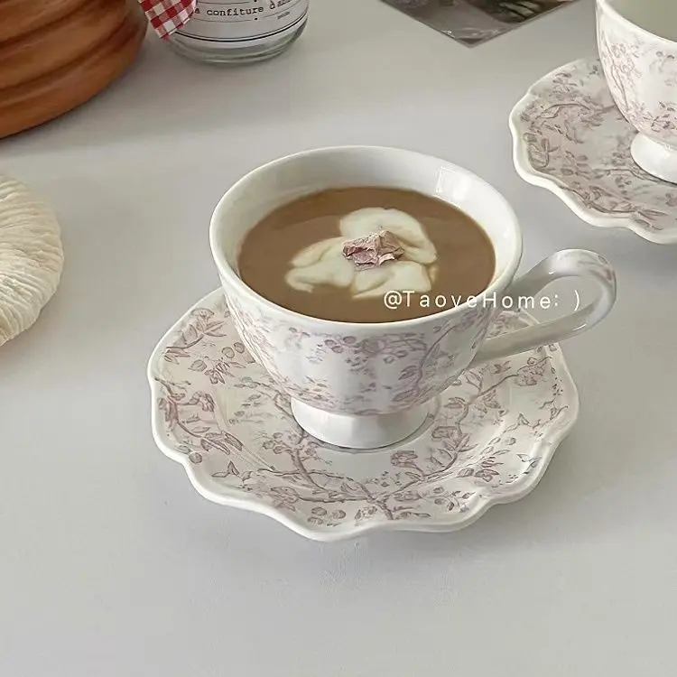 

French Vintage Pink Flower Ceramic Coffee Cup and Saucer High Appearance Level Afternoon Tea Latte Latte Water Cup Niche Gift