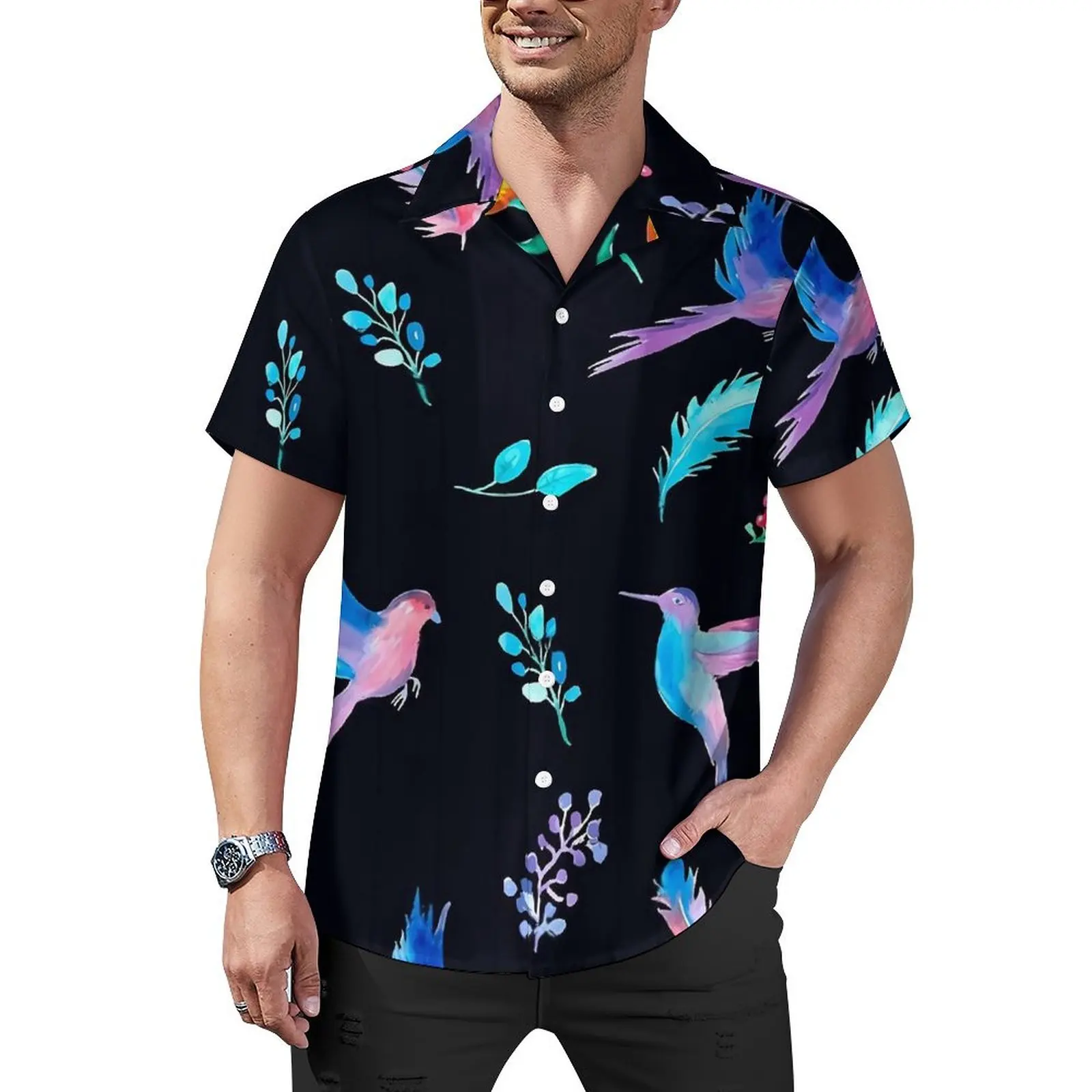 

Bird And Floral Beach Shirt Men Pretty Birdie Loose Casual Shirts Summer Short Sleeve Comfortable Oversized Blouses Gift Idea