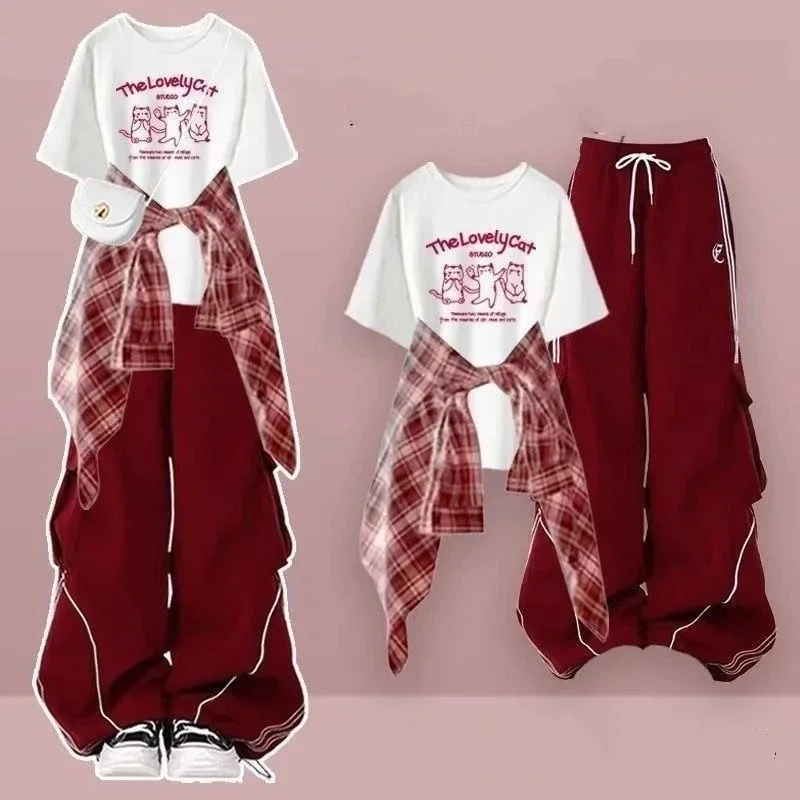 Spring Summer Women Casual Plaid Shirt Sling Cargo Pants 3 Piece Set Lady Fashion Red Blouse T-Shirts Trousers Suits 2026