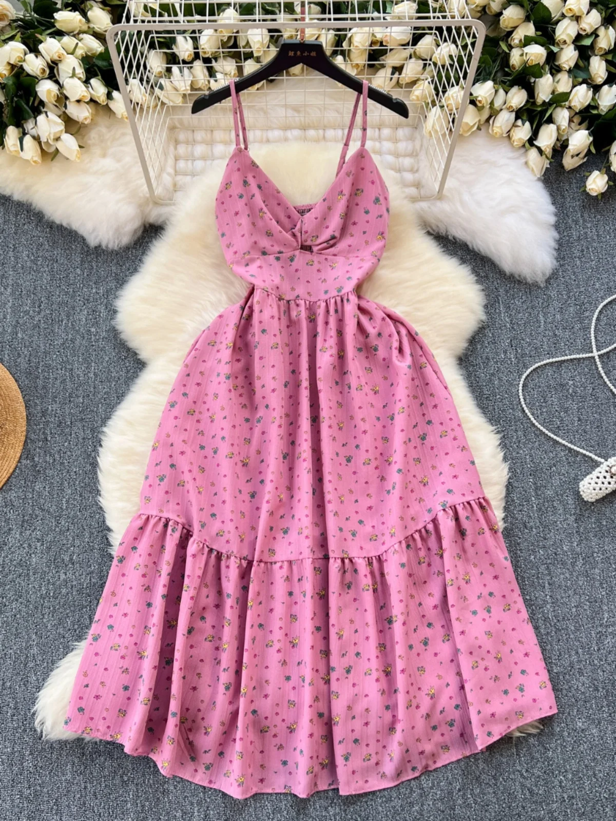 

Foamlina French Sweet Floral Print Spaghetti Strap Dress Women Summer Sexy V Neck Sleeveless High Waist A Line Long Dress Robe