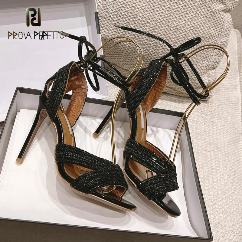 

Full Diamond Ladies Luxury Summer Sandal Shoes Ankle Strappy Thin Heel Shiny Leather Green Gold Open Toe Party Celebrity Shoe