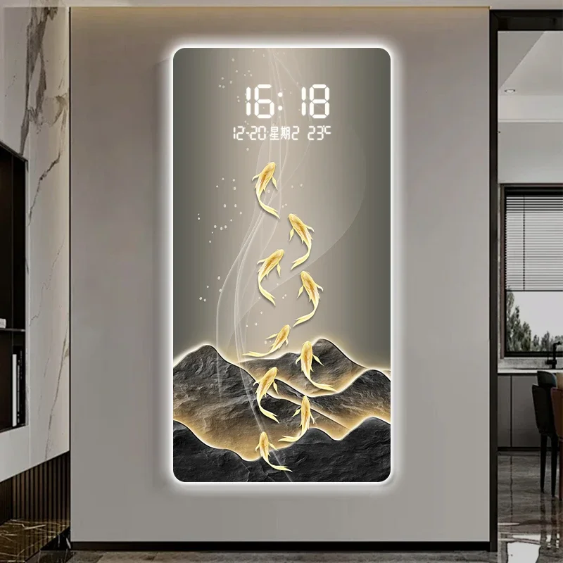 Nine fish picture porch decorative painting clock advanced sense wall light electronic clock hallway hanging picture