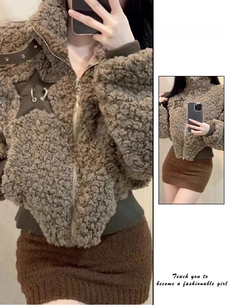 

Ретро-куртка с воротником-стойкой из овечьей шерсти для женщин, утепленная, на молнии, осенне-зимняя, модная, цветная