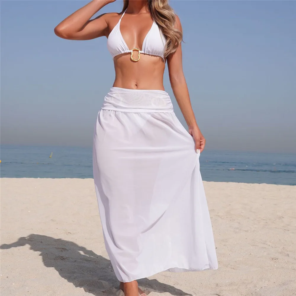 Metal Ring Black Halter Triangle Bikinis Sets 3 Pieces Mesh Skirts Cover Up 2025 Holiday Swimwear Sexy Swimsuit Women Beach Wear