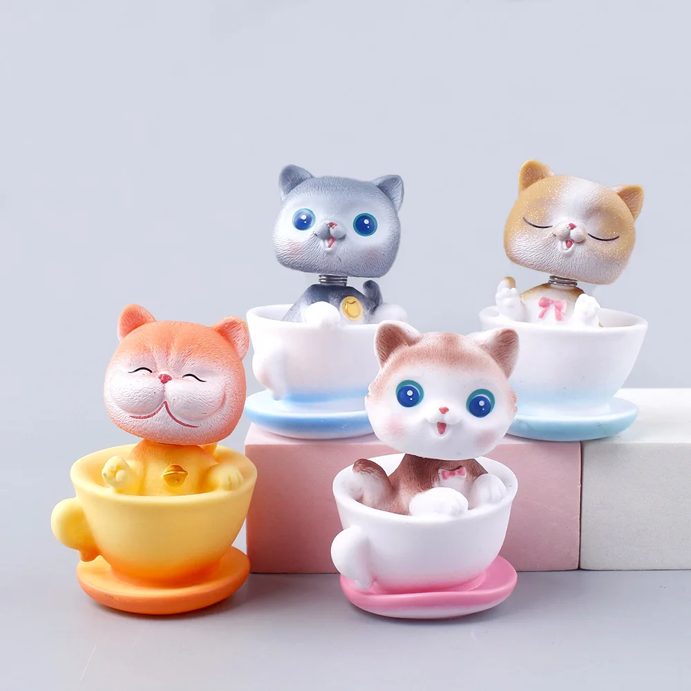 Teacup Cat Shaking Head Cuphead Figure Cute Pet Tea Cup Cat Toy Collection Model Home Decoration Car Ornament Novelty Gifts