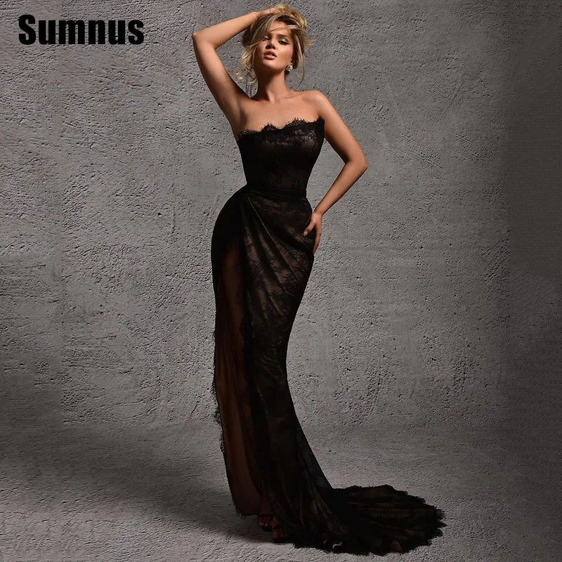 Sumnus Black Lace Mermaid Prom Dresses Elegant Strapless Sexy Evening Dress Side Split Floor Length Formal Gowns Customized