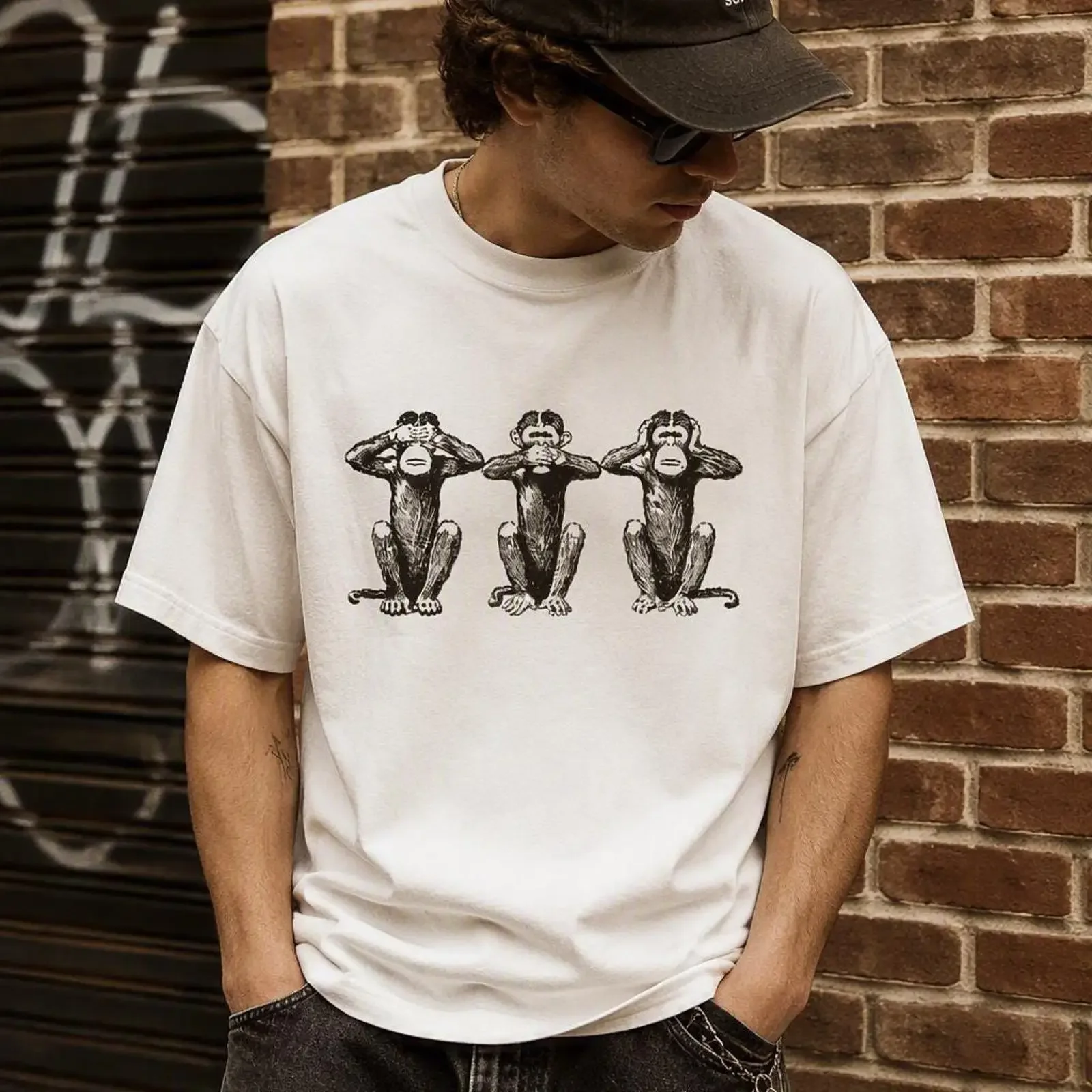 Three Wise Monkeys T Shirt Vintage Sketch Style Cotton vintage Washed Top For Everyday Wear streetwear homme graphic Unisex