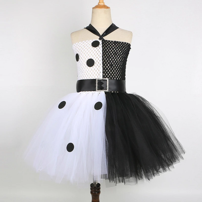 Girls Dalmatians Cruella De Vil Tutu Dress Black White Witch Cosplay Halloween Costume Kids Fancy Carnival Party Clothes Outfit