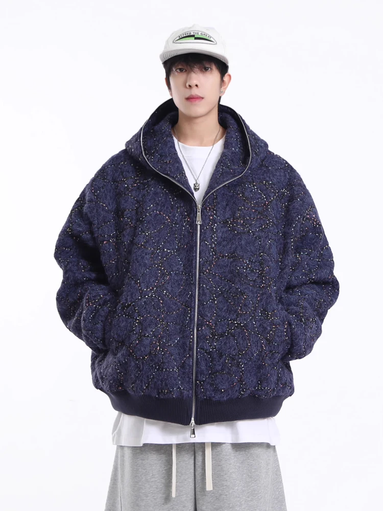 

Retro American Woolen Hooded Cotton Men's Winter Open Cardigan Jaet Oversize Couple Cotton Clothes Long Sve Warmth