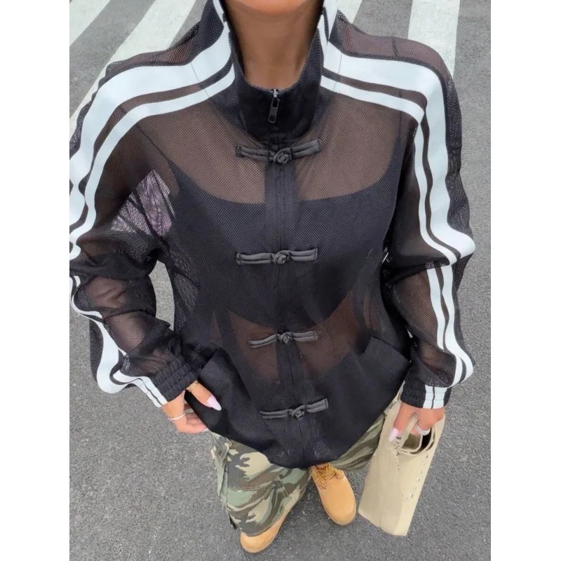New Chinese Style Buckle Design Jacket for Summer Thin Style See through Stand up Collar Cardigan Jacket