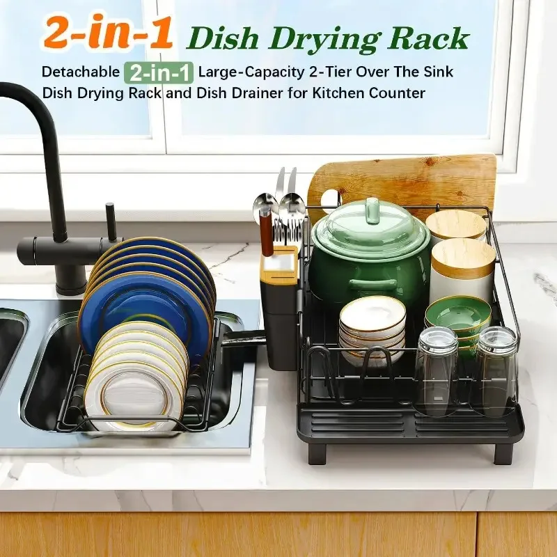 Large Expandable 2-Tier Dish Drying Rack with Drainboard Set, Extendable Dish Drainer with Utensil & Cup Holders, Space-Saving