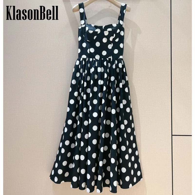 

7.18 KlasonBell Women Elegant Sweet Polka Dot Print Suspender Dress Strapless Ruched Elastic Collect Waist Beach Midi Dress