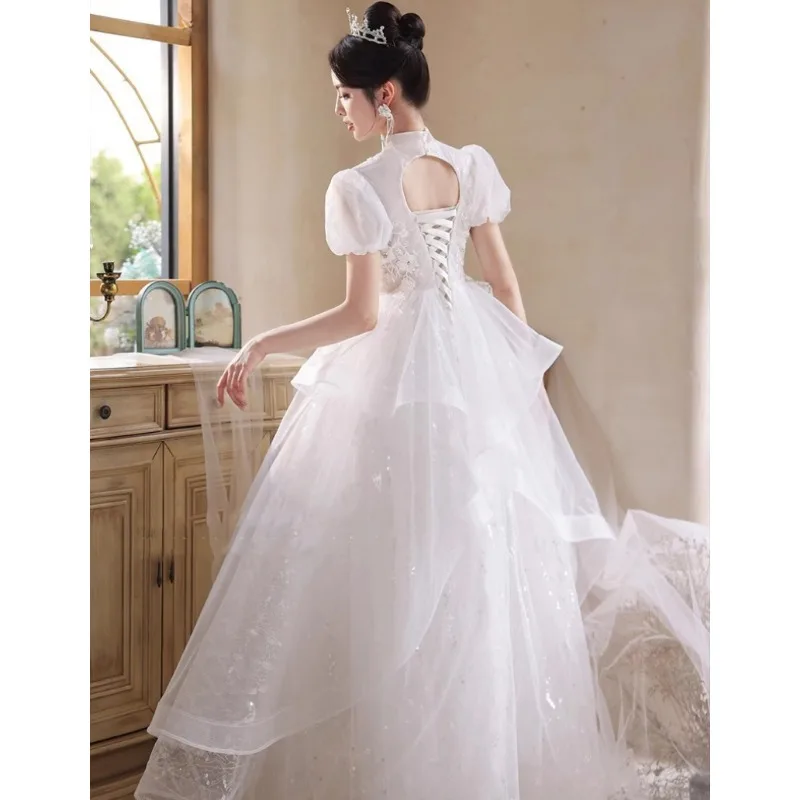 White Evening Dress, Women's 2025 New High-end Engagement and Toasting Outfit, Light Luxury, Niche High-end Host, Chinese Style