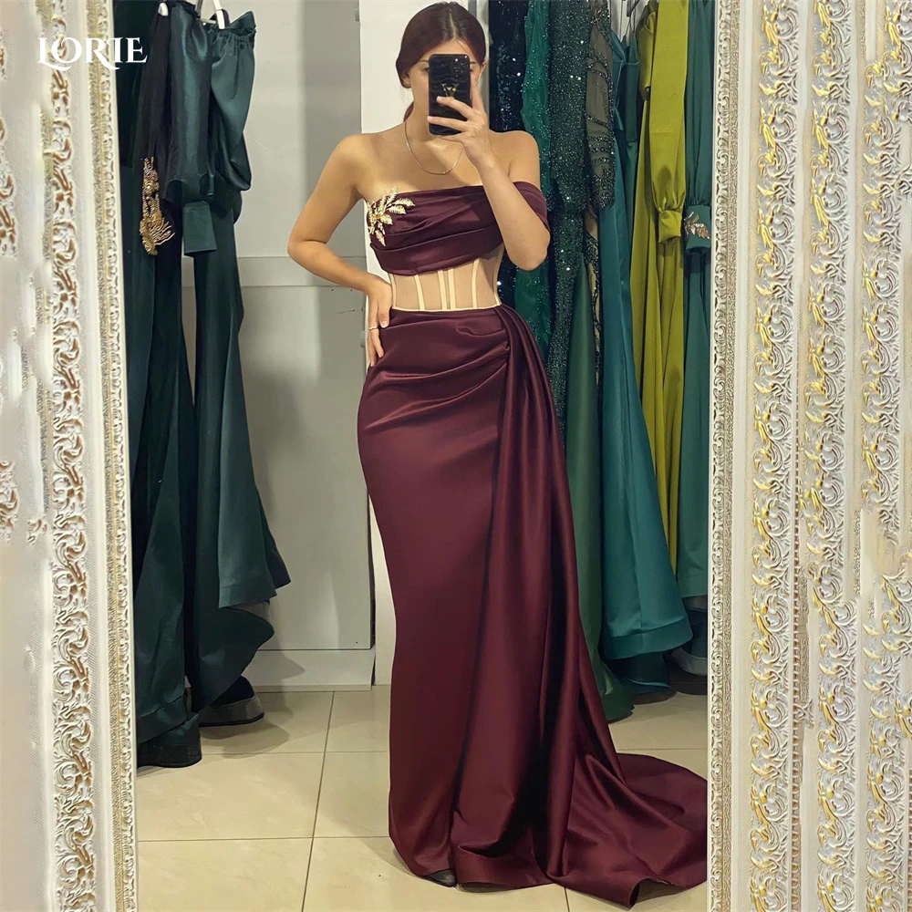 

LORIE Burgundy Formal Evening Dresses Off Shoulder Mermaid Solid Satin Pleats Prom Dress Ruched Arabia Celebrity Party Gowns