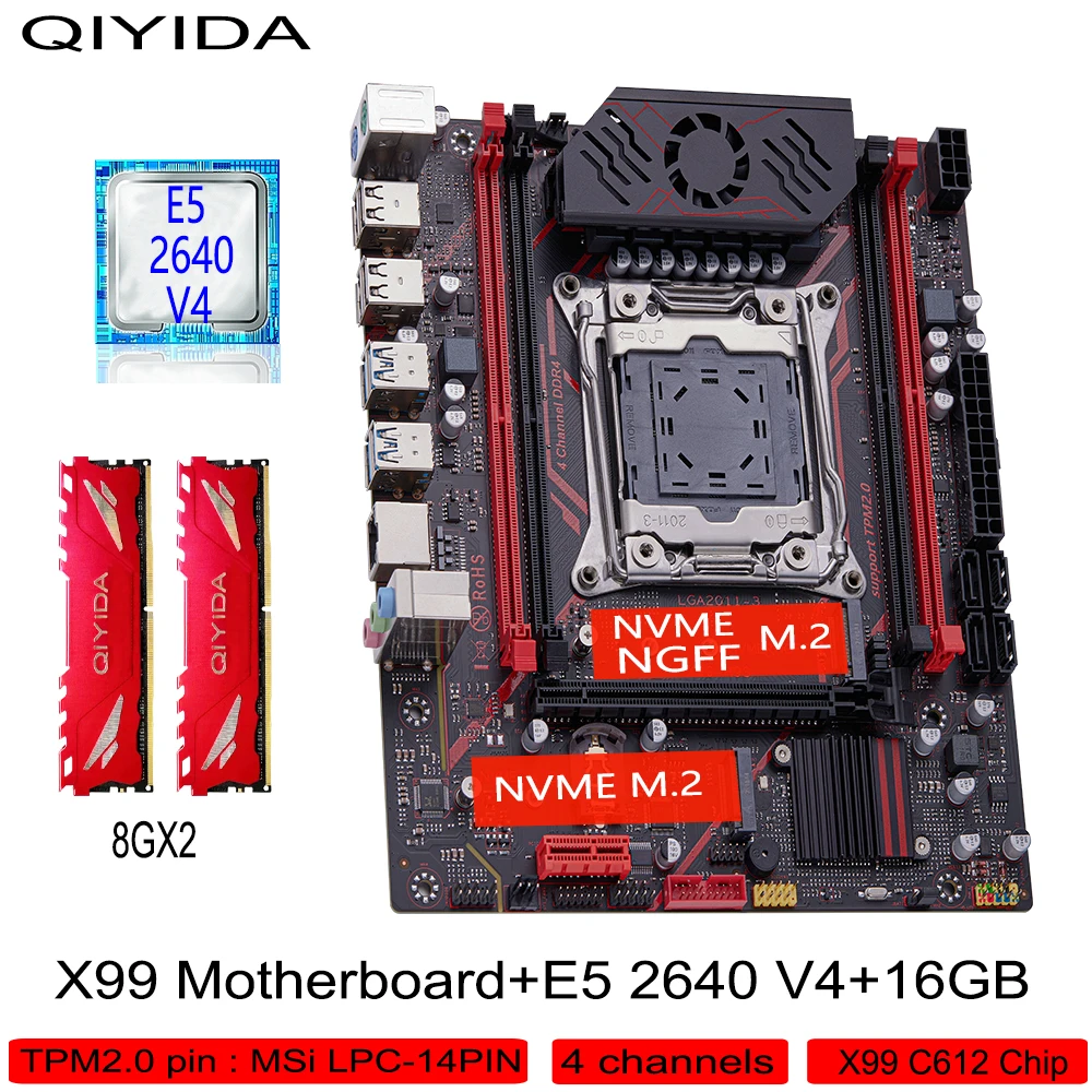 Qiyida X99 motherboard set H9S TPM2.0-MSi14PIN LGA2011 3 XEON E5 2640V4 2x8gb=16GB 3200MHz 4 channels NON-ECC memory combo M-ATX