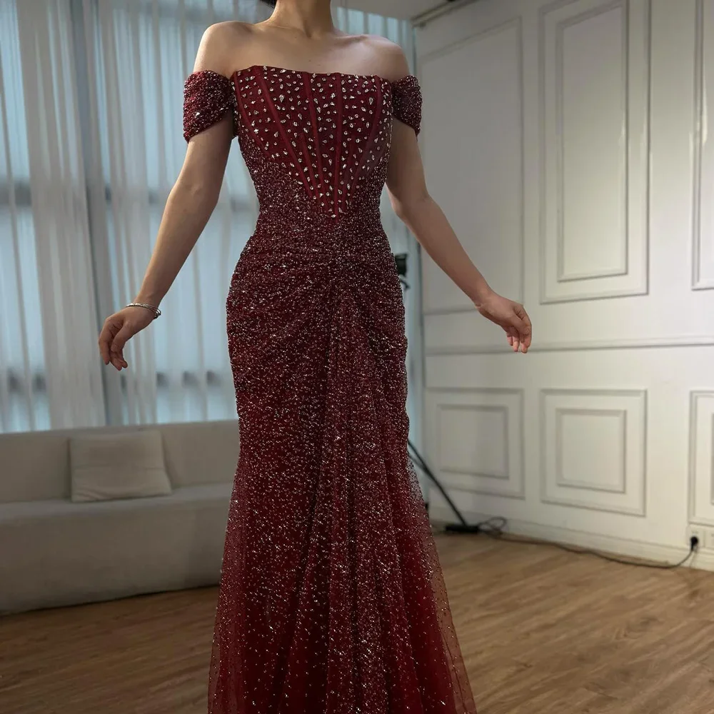 Arabia Customized Burgundy Off Shoulder Corset Beaded Tulle Mermaid Evening Prom Dresses Elegant Party Dresses Formal Gowns