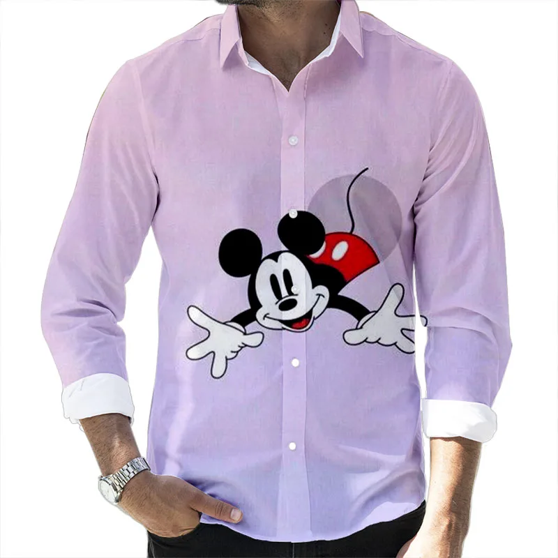 Fall Pop Disney Stitch and Mickey Collection Branded Cartoon Casual 3D Printed Long Sleeve Lapel Shirt Slim Fit Men\'s Top