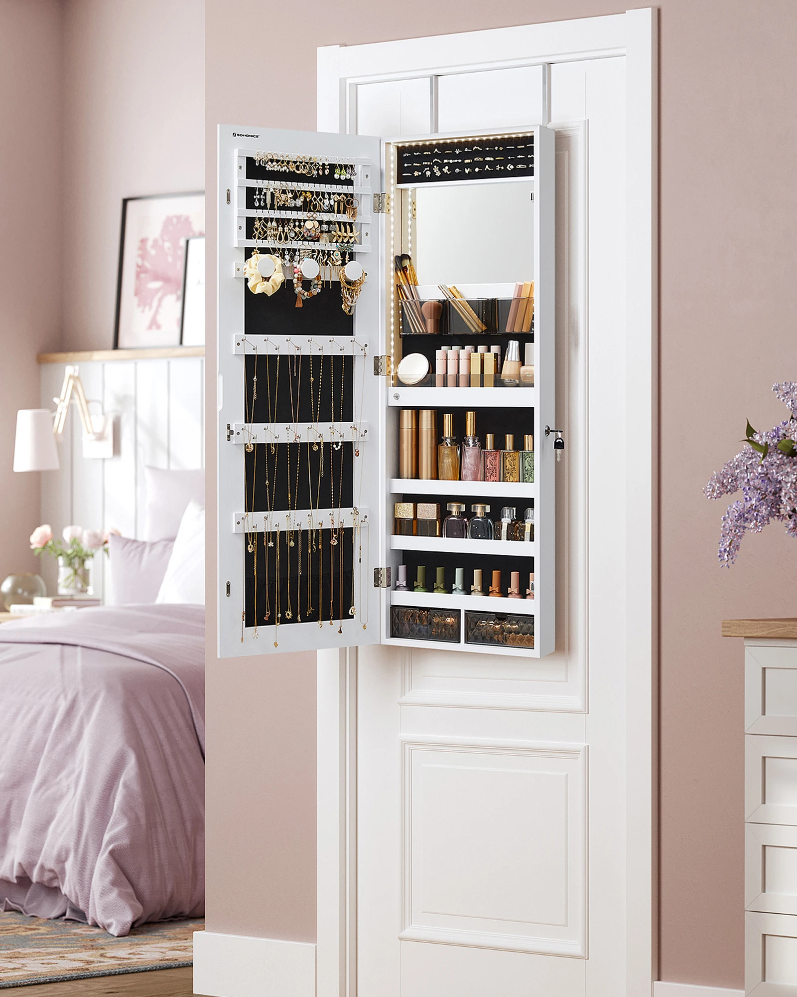 Multifunctional Jewelry Armoire Cabinet White Lockable Wall-Mounted Jewelry Cabinet with full-length mirror