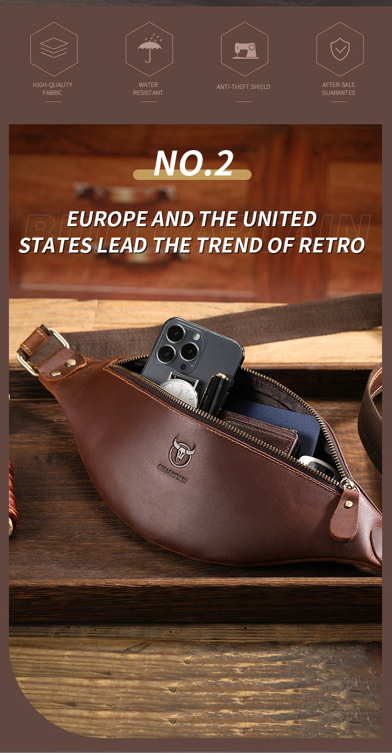 BULLCAPTAIN Herren-Gürteltasche aus Crazy Horse-Leder, klassische Retro-Umhängetasche, Aufbewahrung im Freien, Bergsteigen, Handytasche – Detail 3