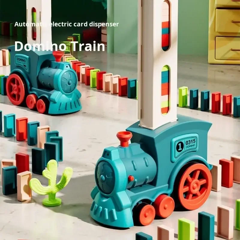 Indoor Domino Train Automatic Card Launcher Electric Viral STEM Toy Vehicle Rolling Brick Set for Kids Party Game Birthday Gift