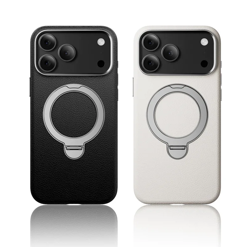 

360-Degree Ring Rotating Bracket Shell Case for iPhone 17 Pro Max 17Pro Magnetic Suction Plain Leather+Lens Protection Cover