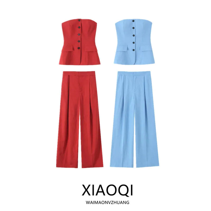 

New Summer 2025 Women's Faion oulder-baring Tube Top Vest Long Pants Mid-Waist Ensemble Exposing oulders Trendy Outfit