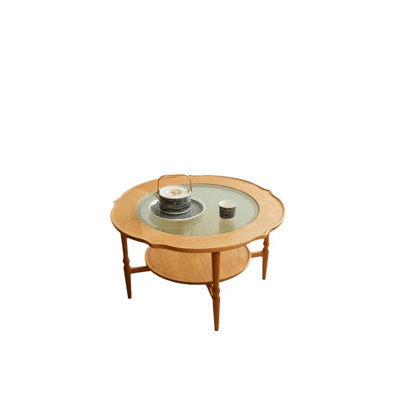 

Clear round table Nordic cherry wood solid wood coffee table Japanese small apartment sofa round edge table combination