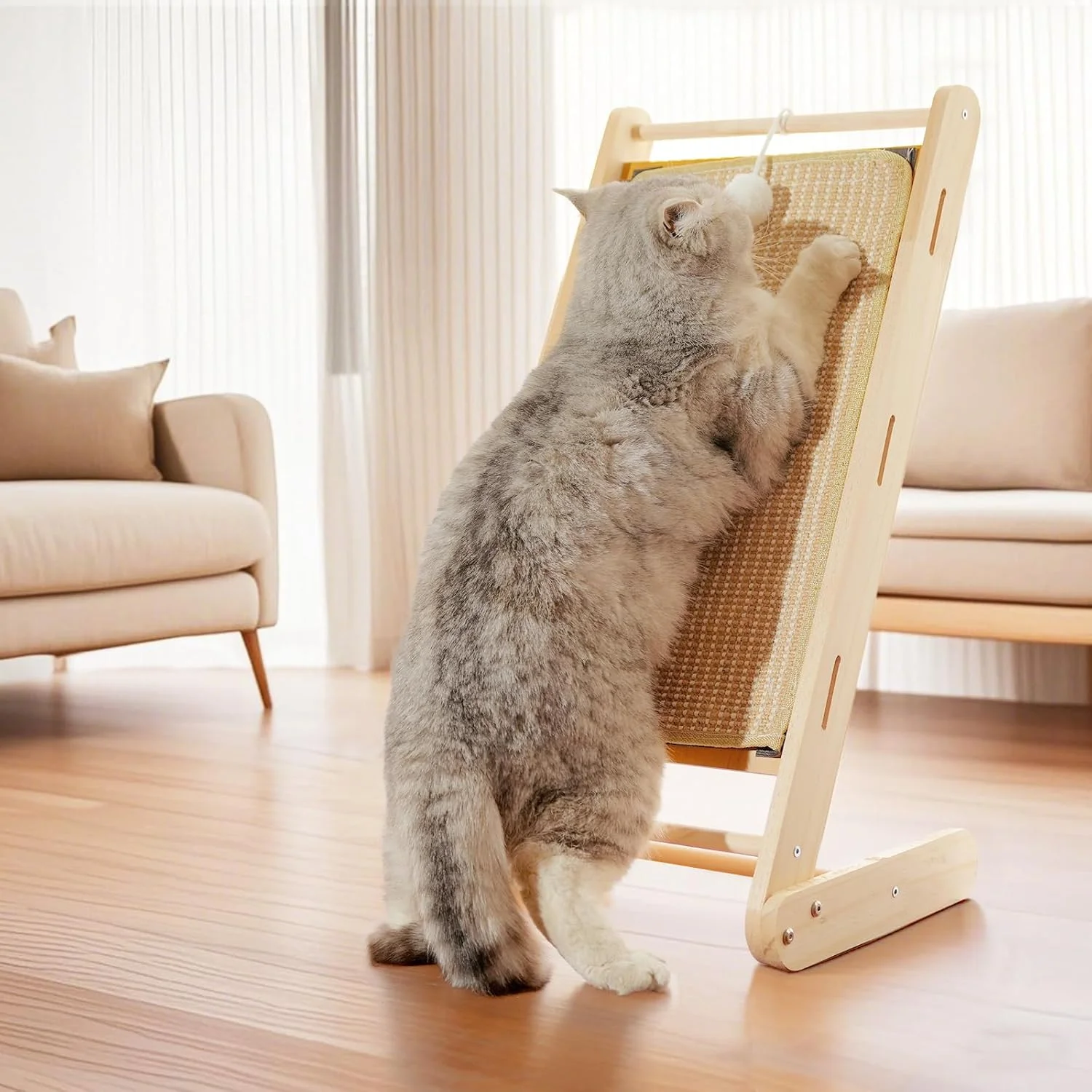 

Adjustable Wooden Cat Scratch Pad Toy ODM OEM Indoor Cat Trees with Natural Sisal Ramp and Solid Wood Frame Quality Cat Toys
