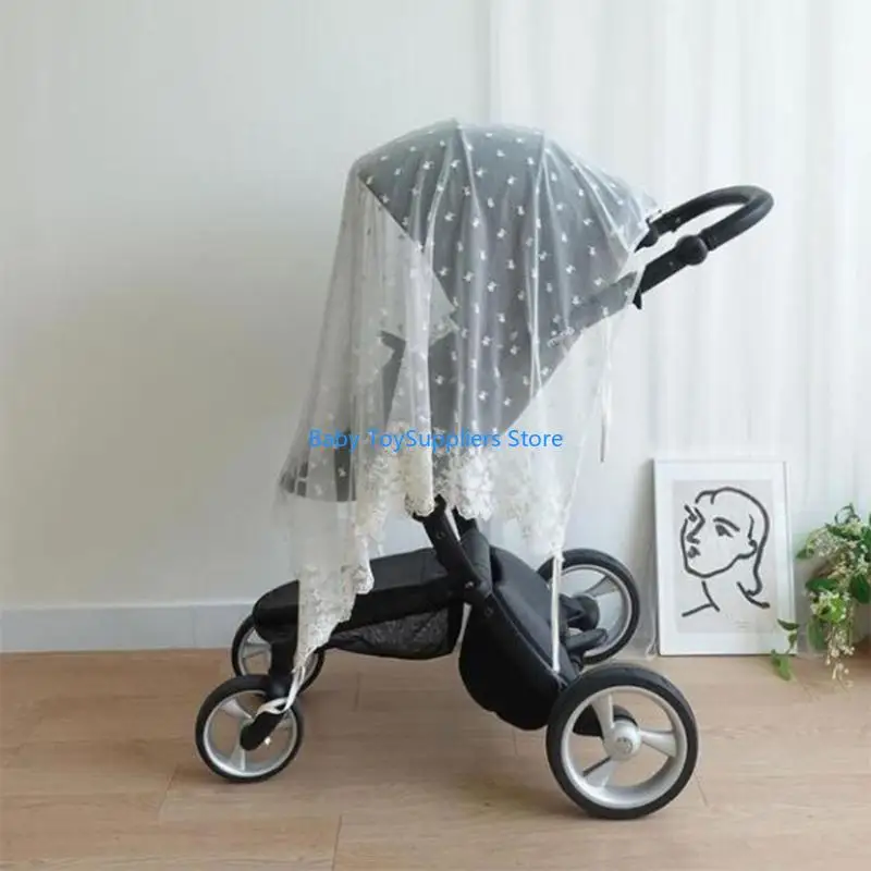 R1WF شبكة مكافحة البعوض واقية من الشمس غطاء عربة الأطفال تنفس الصيف علة صافي المطرزة الدانتيل غطاء شبكي للكرسي الذي يدفع باليدين