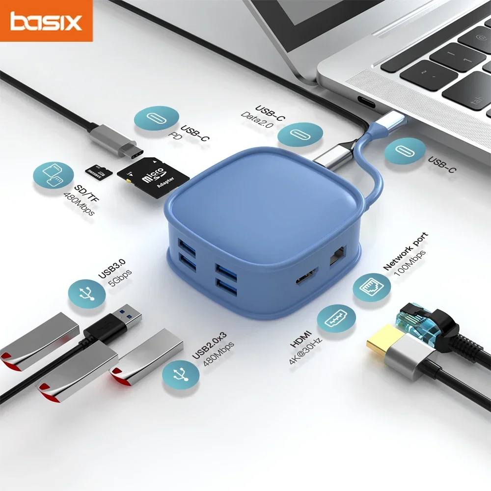 Basix 10in1 USB C HUB 4K 30Hz ประเภท C ถึง HD-MI เข้ากันได้กับ USB HUB Adapter ประเภท C HUB USB3.0 Splitter สําหรับ MacBook Pro Air