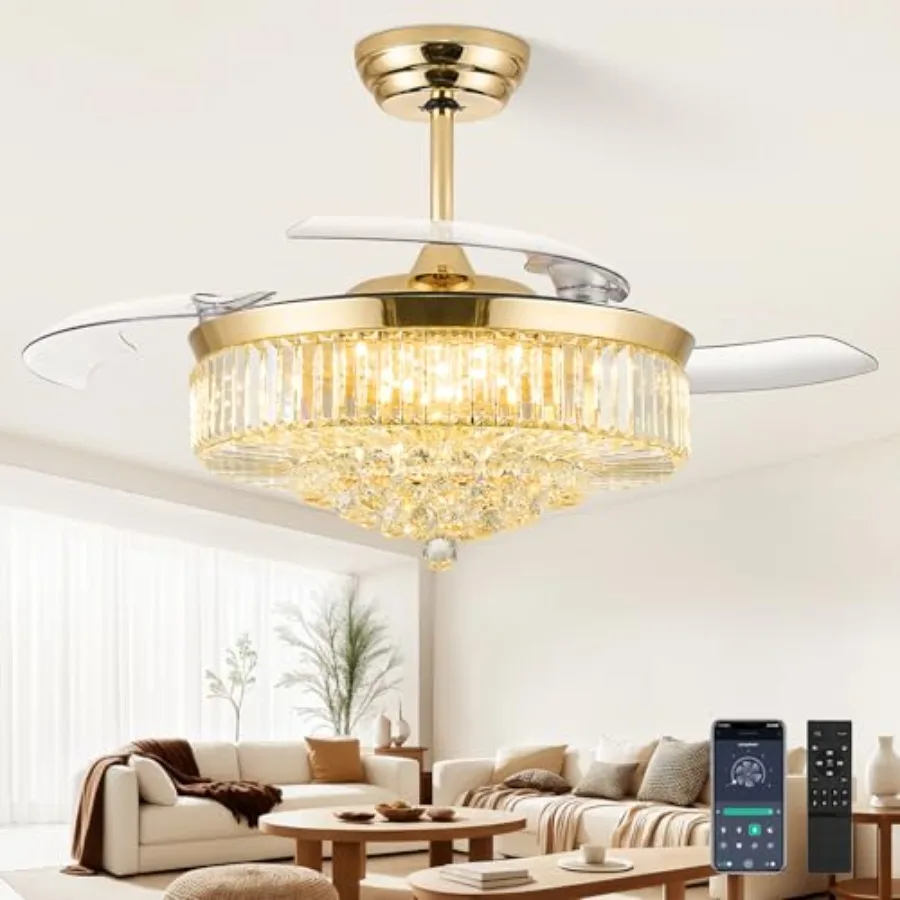 

52 Inch Fandelier Ceiling Fan with Light for Bedroom Living Room Dining Room, Gold Metal Crystal, 3 Color Temperature, 6 Wind S