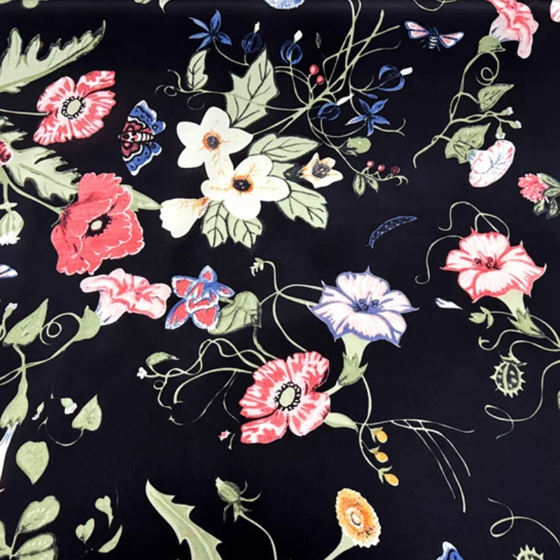 

Ткань из 100% тутового шелка, креповая шелковая ткань 16 Momme, черная, с большим цветочным принтом, ширина 138 см, 54 дюйма, по дворам, XL291