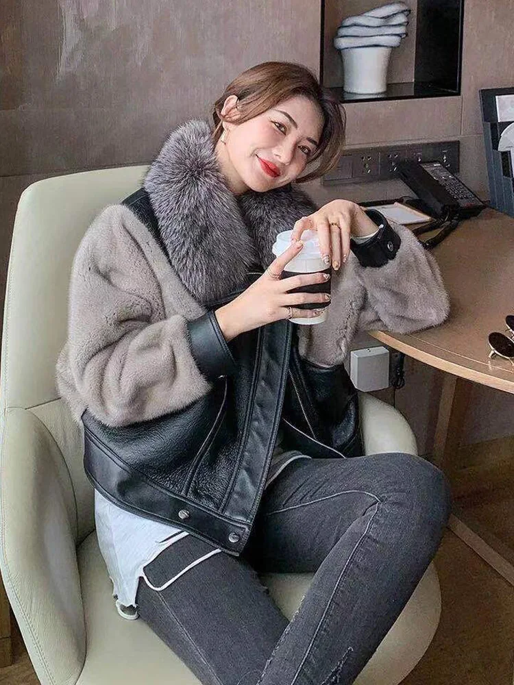 2023 New Natural Mink Fur Coats Fashion Genuine Leather Jackets Female For Women With Real Fox fur Warm Winter Short