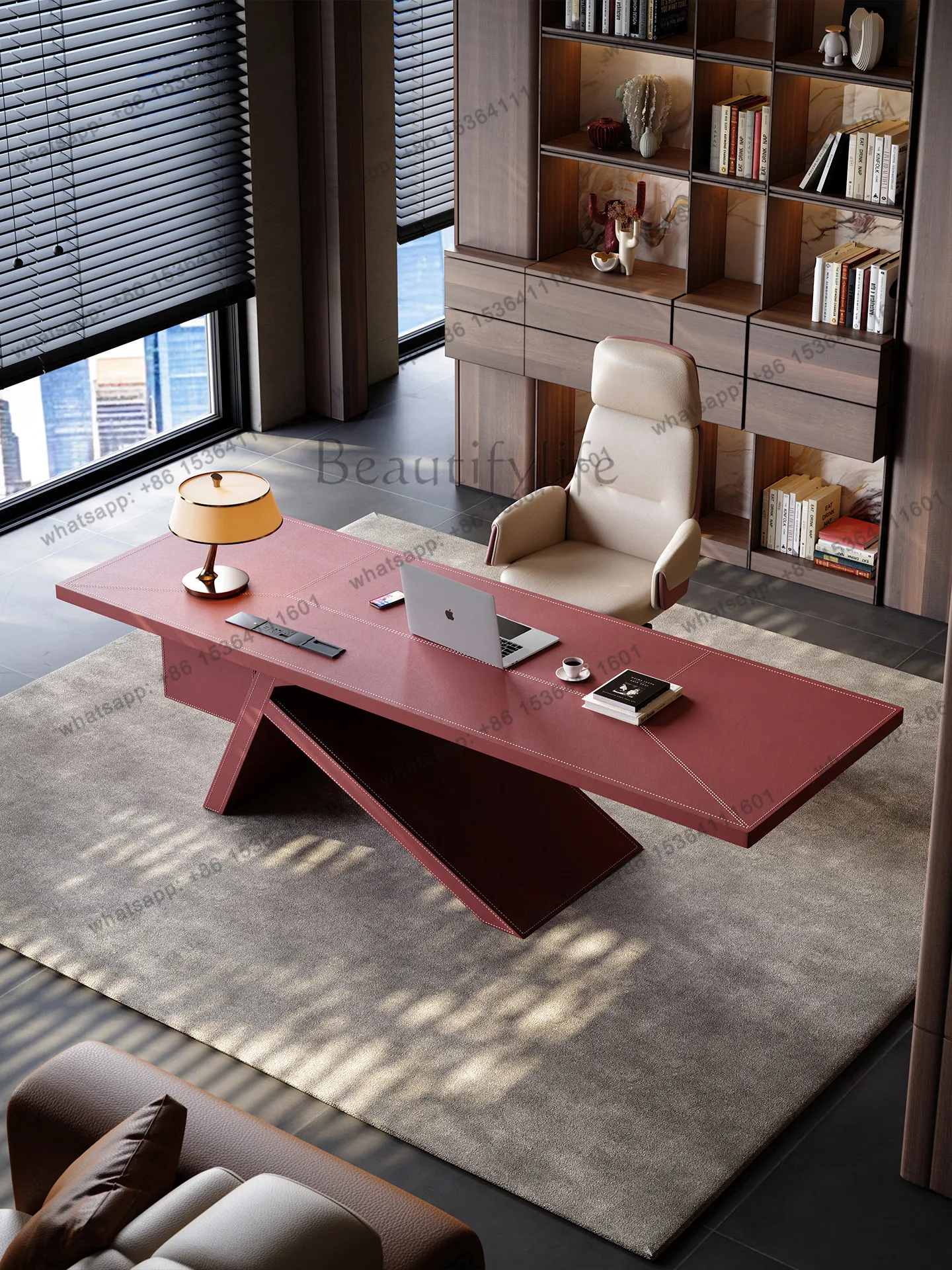 Large desk saddle leather veneer Italian minimalist designer office computer desk