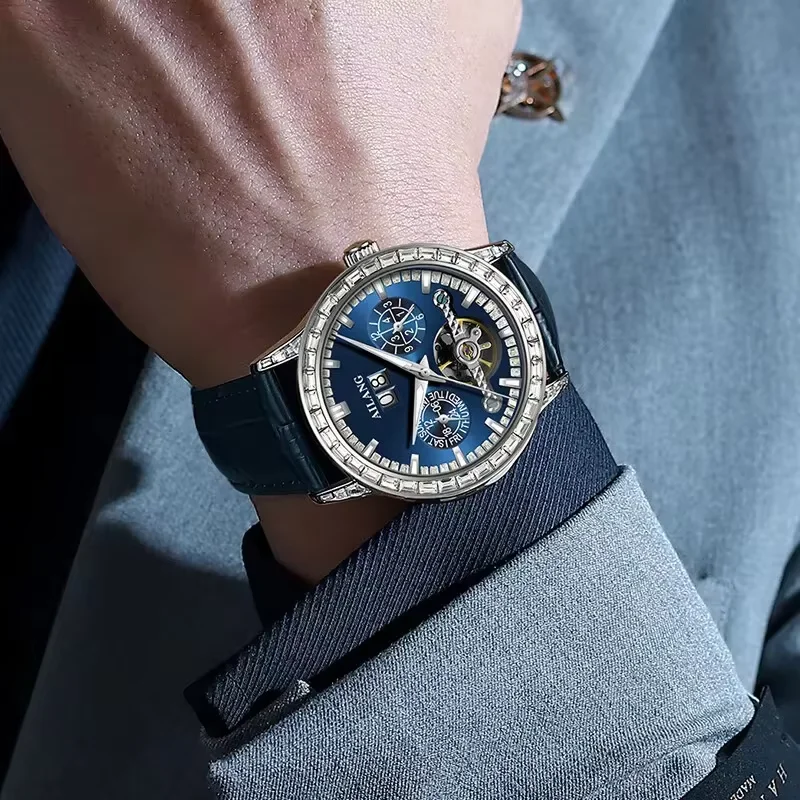 Original AILANG Automatic Mechanical Watch Leather Strap Tourbillon Unisex Coated Glass Calendar Tourbillon Waterproof Gift 8176