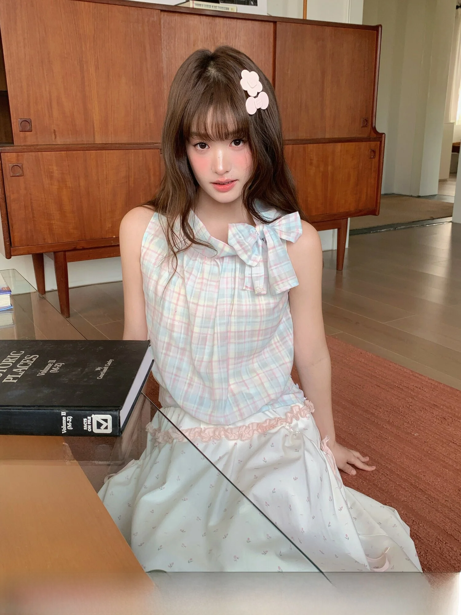 Sweet Grid Pattern Sleeveless Women's T-shirt Waist-Cinching Belted Macaron Sugar Paper Style Summer Top Polyester Fiber