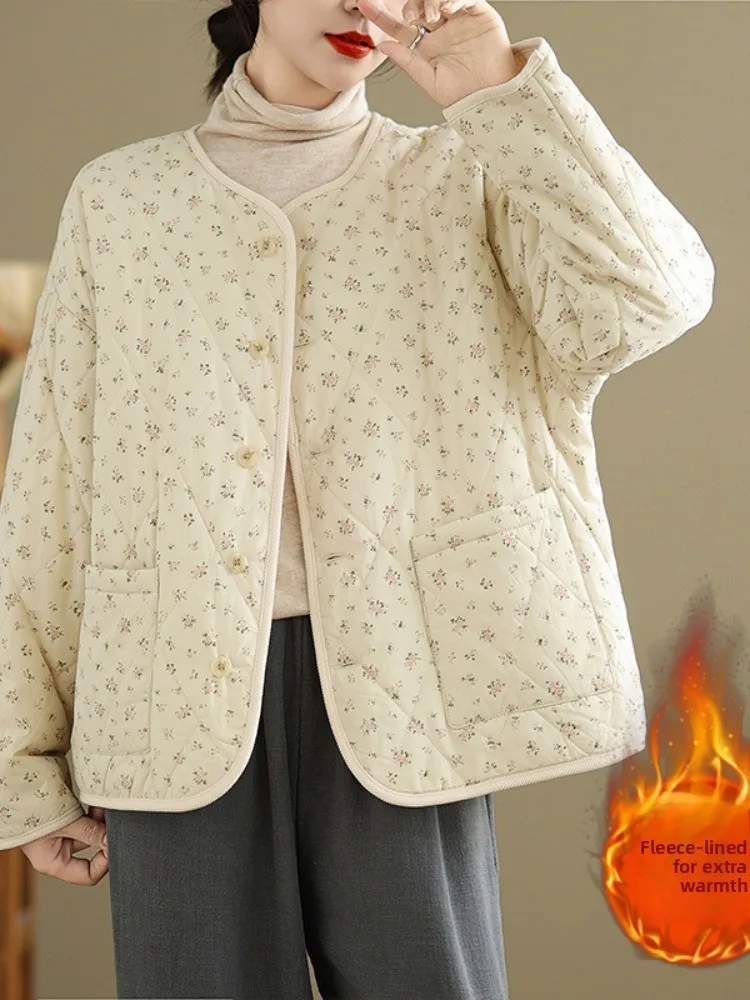 

Повседневная хлопковая куртка с цветочным принтом, женская верхняя одежда с подкладкой и круглым вырезом, зимнее пальто для похудения, дизайн