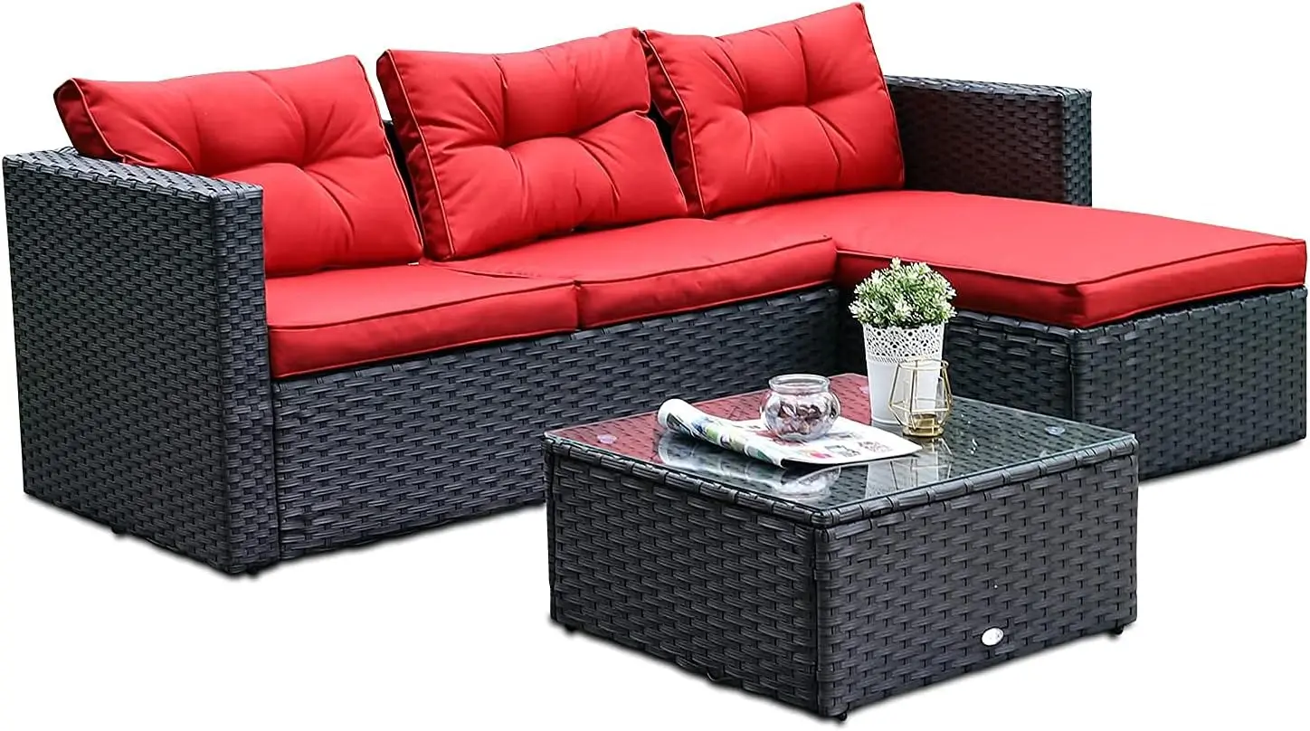 Patio Sectional Clearance Manual Weaving Wicker Rattan Small L-Shaped Outdoor Furniture Sofa Set with Upgrade Rattan (3 Piece）