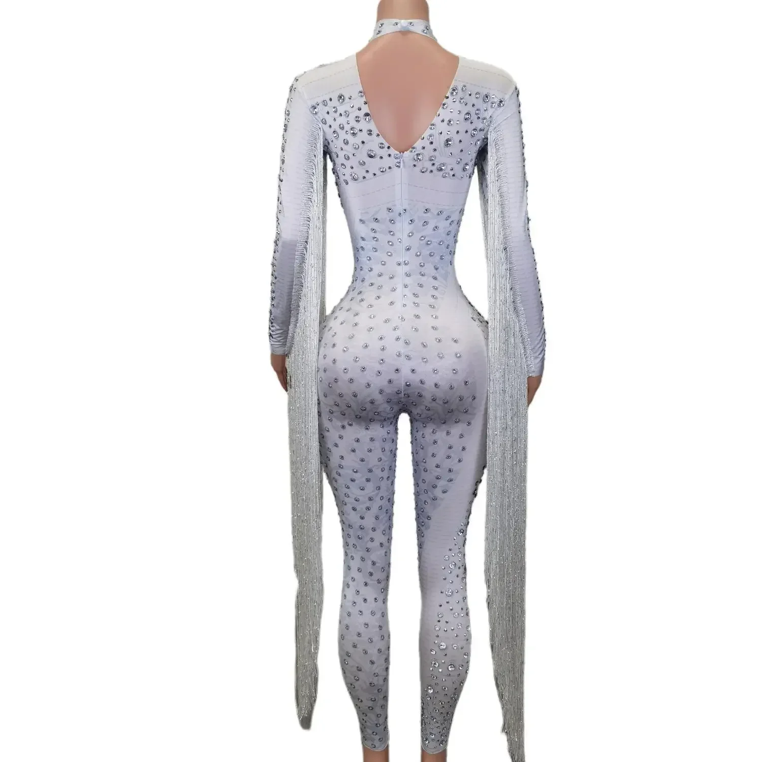 Long Sleeve Tassel Rompers Performance Costumes Lady One Piece Diamond Sequin Jumpsuit Sparkle Rhinestone Women White Bodysuit