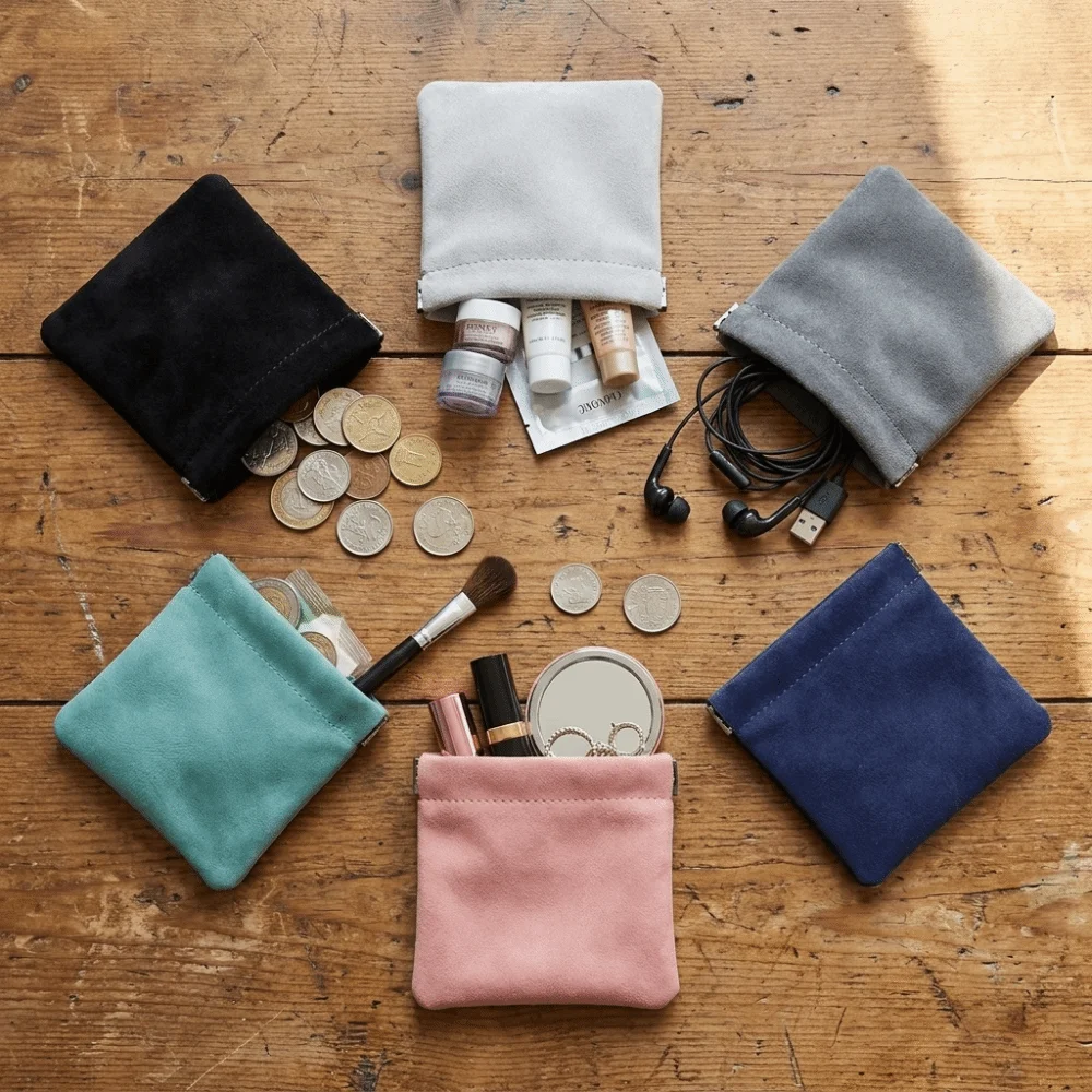 Portable Automatic Spring Open Small Storage Pouch Self-Closing Suede Cable Organizer Tiny Pocket Wallet Travel Storage