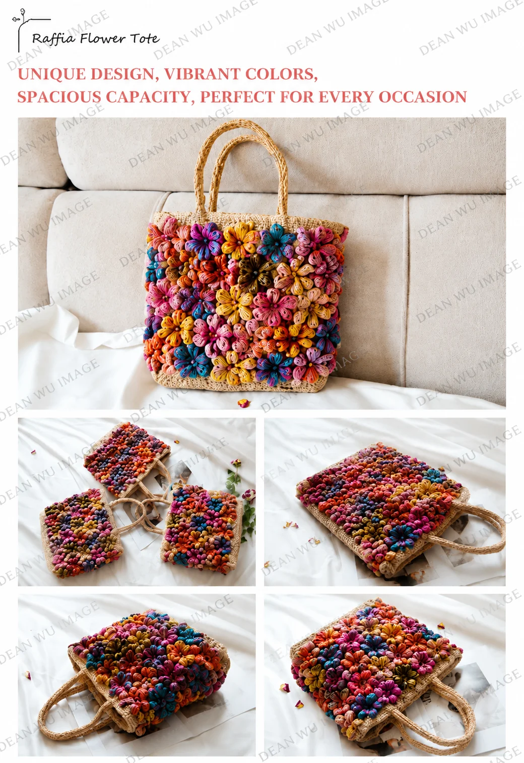 Handmade Crochet Flower STRAW Tote Bag – Boho Summer Beach Bag, Colorful Knitted Handbag for Women, Spacious Casual Shoulder Bag
