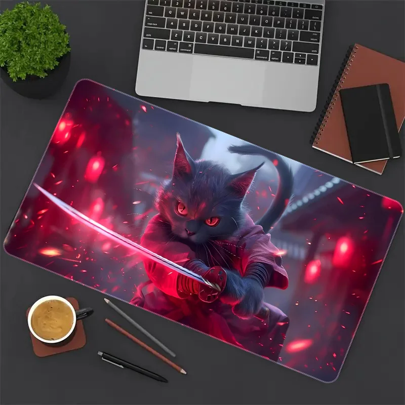 

The Anime Swordsman Cat game office anti-slip mouse pad with red sword pattern in large size is suitable for gamers and families